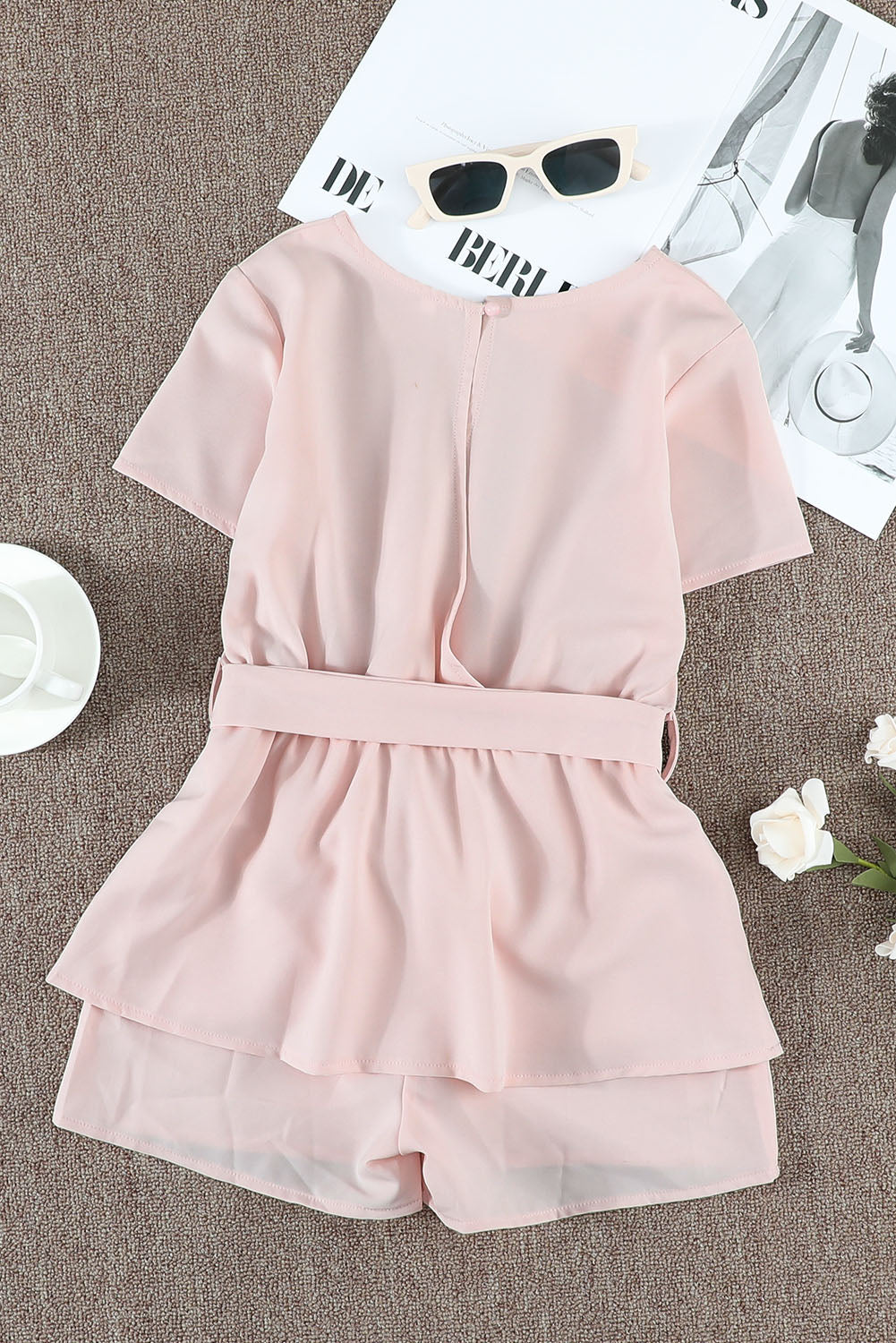 Pink Keyhole Back Belted Peplum Girls Romper