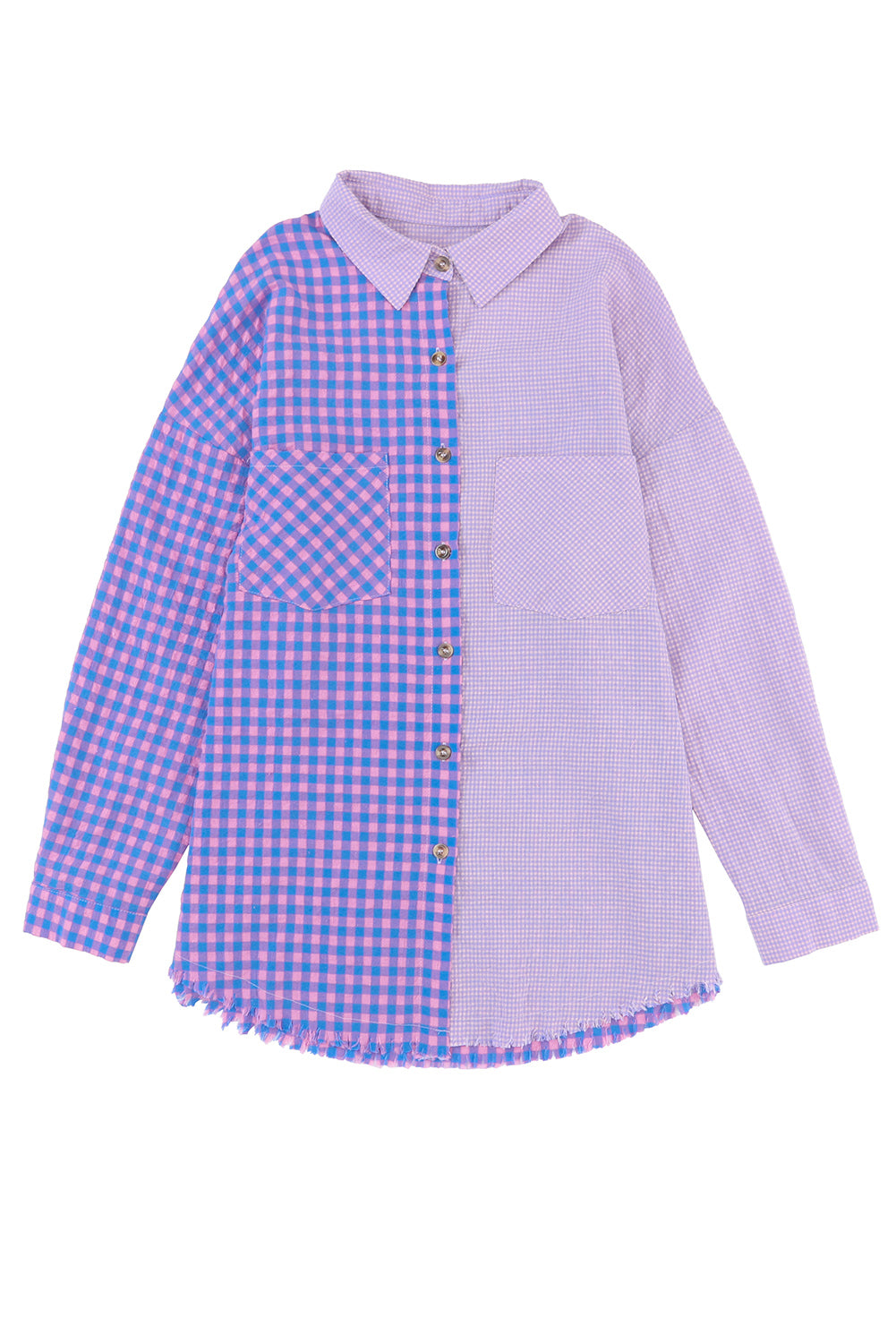 Chemise violette boutonnée à carreaux mélangés à manches longues et poche poitrine