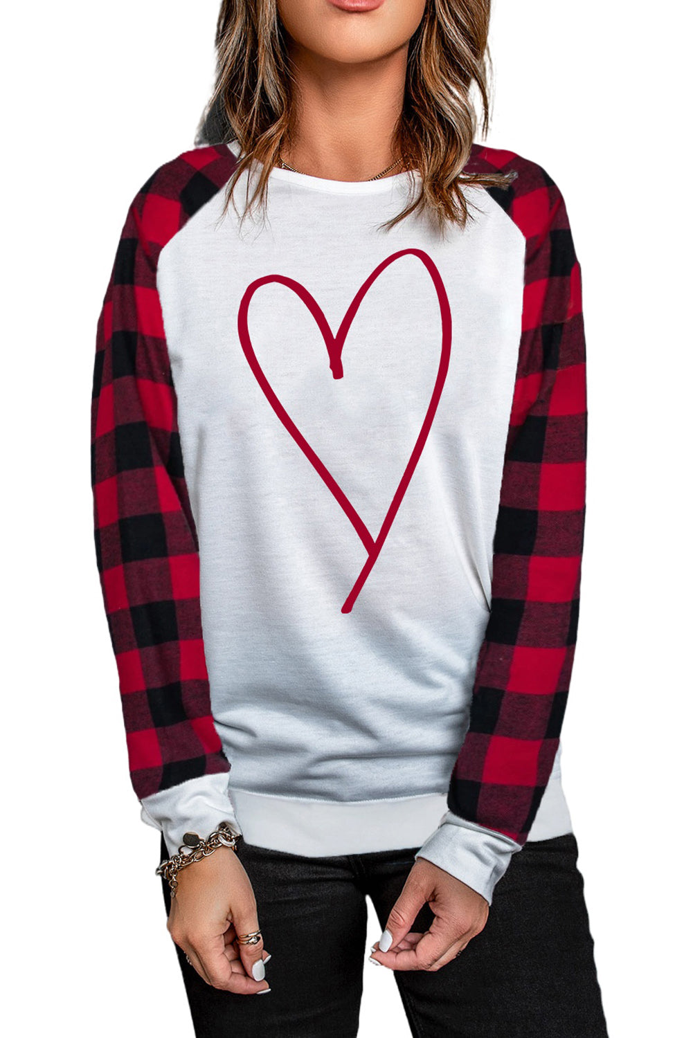 Valentine Heart Print Plaid Long Sleeve Pullover Sweatshirt