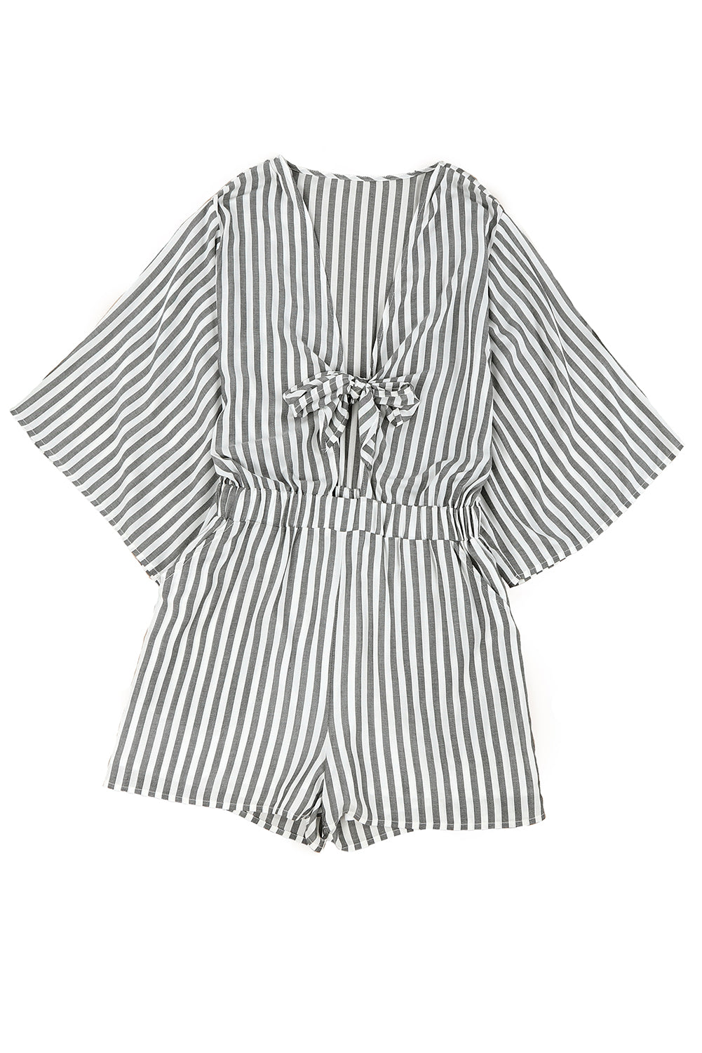 Grauer gestreifter Strampler mit 3/4 breiten Kimono-Ärmeln, vorne zum Binden und Taschen