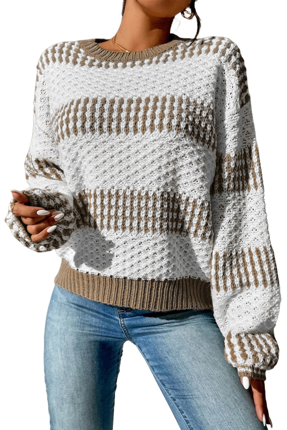 Večbarvni dvobarvni pulover z navpičnimi črtami na spuščena ramena
