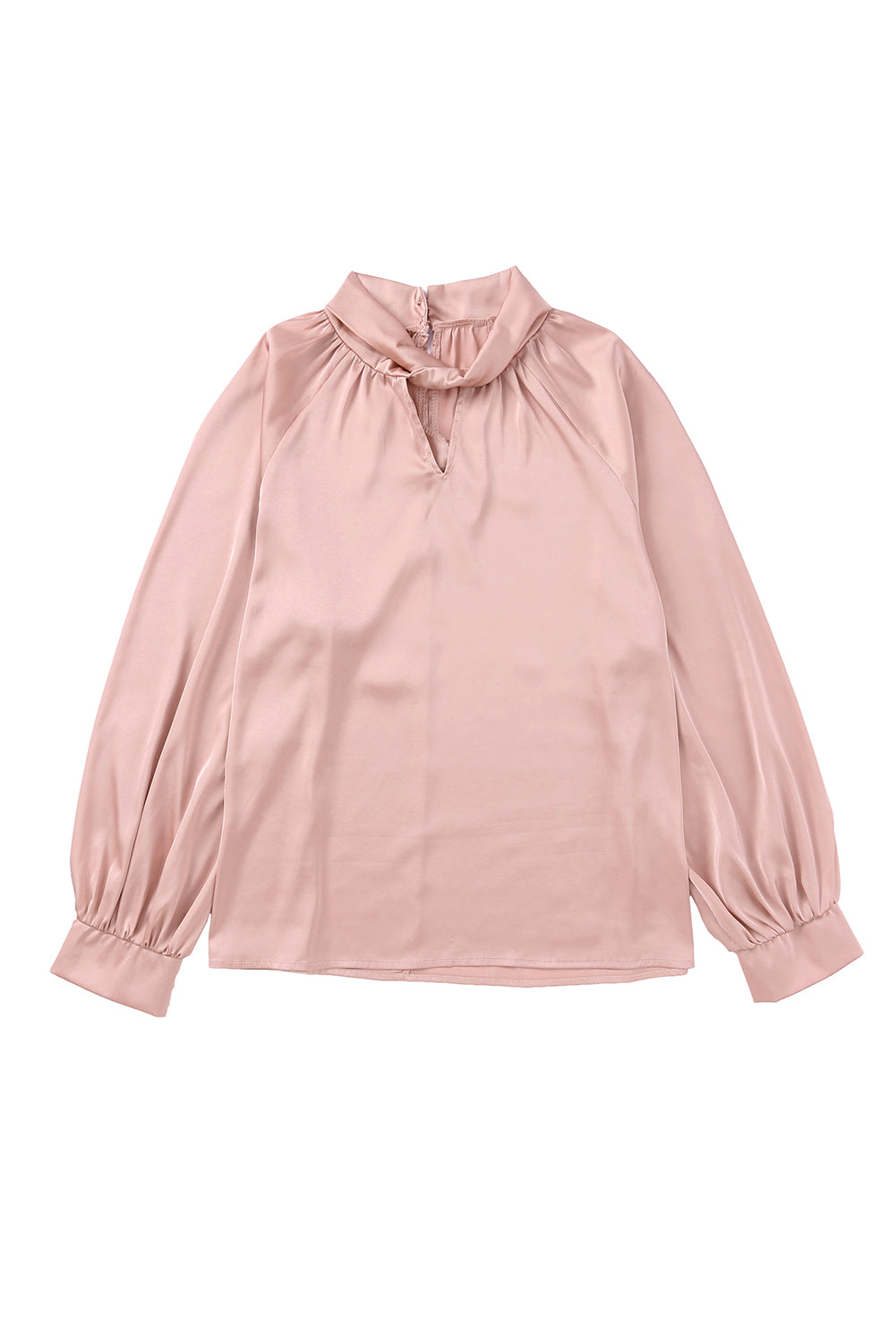 Rožnata satenasta bluza z visokim ovratnikom in napihnjenimi rokavi
