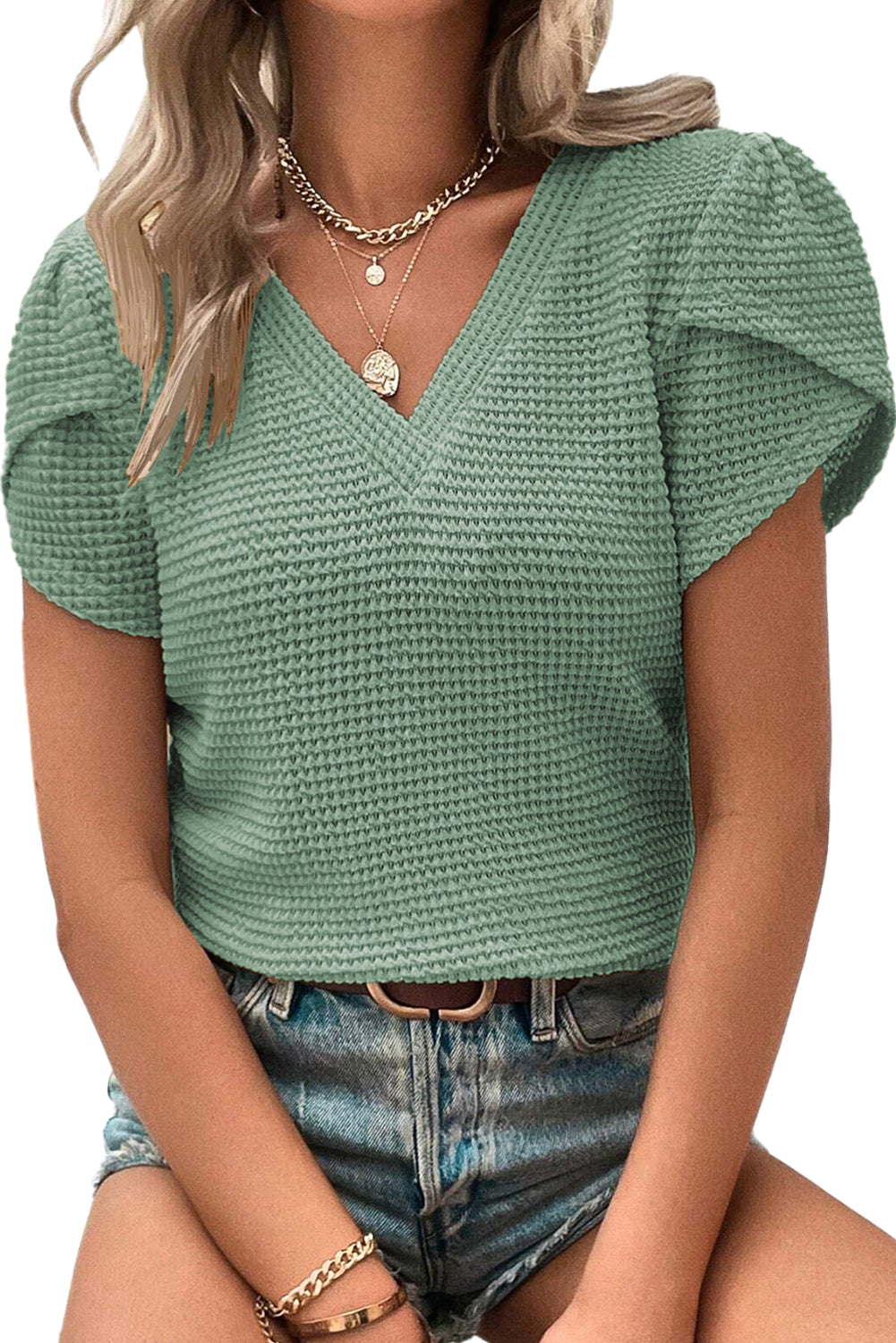 Mist Green V Neck Petal Sleeve Waffle Knit T-Shirt