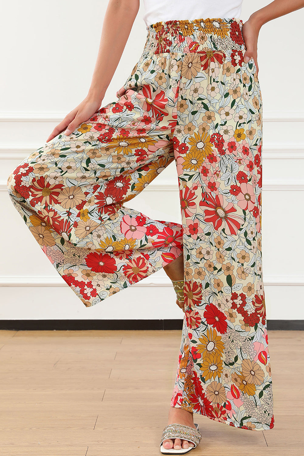 Pantalon super ample à taille smockée à fleurs style bohème à l'avoine