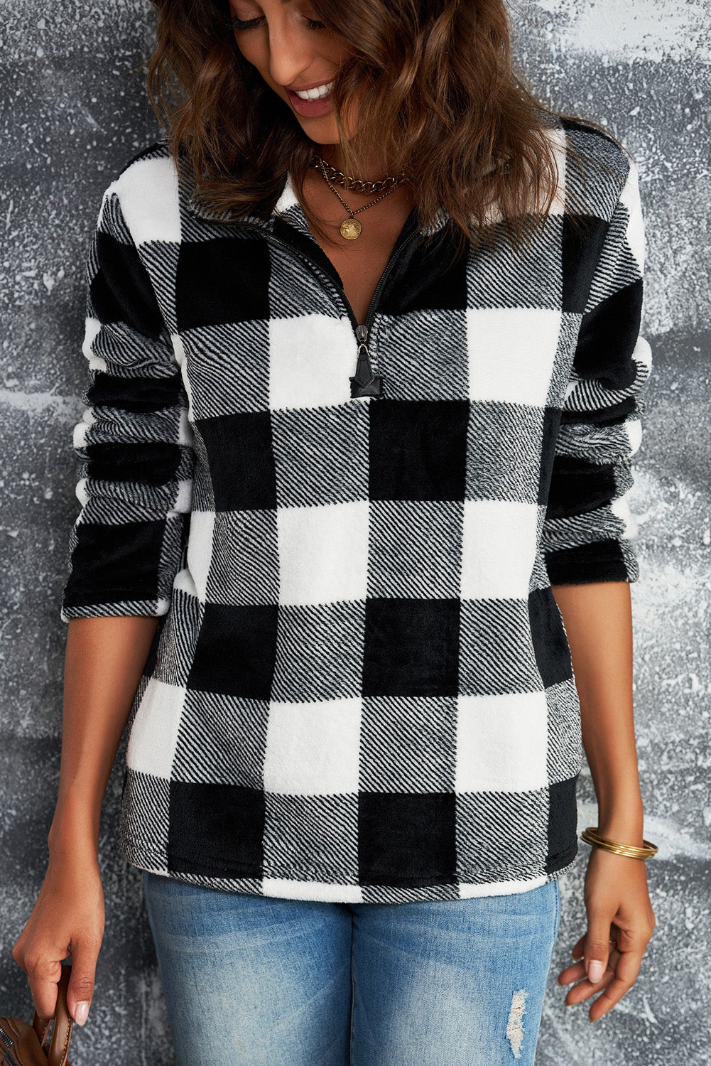 Black Plaid Print 1/4 Zip Turn-down Collar Sweatshirt