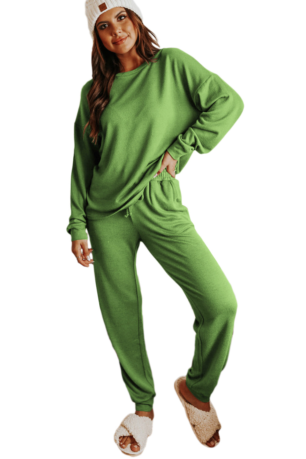 Špinačno zelen pulover z dolgimi rokavi in ​​salonski komplet jogger hlač