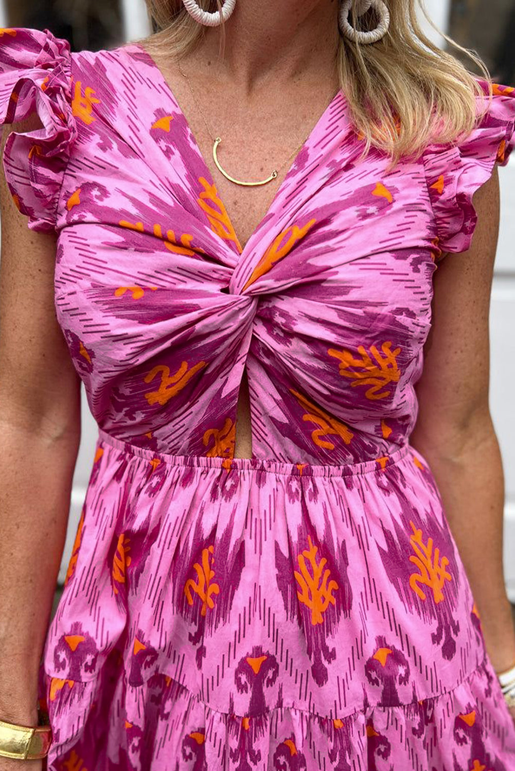 Bonbon retro print uvrnute prednje maksi haljine s naboranim rukavima