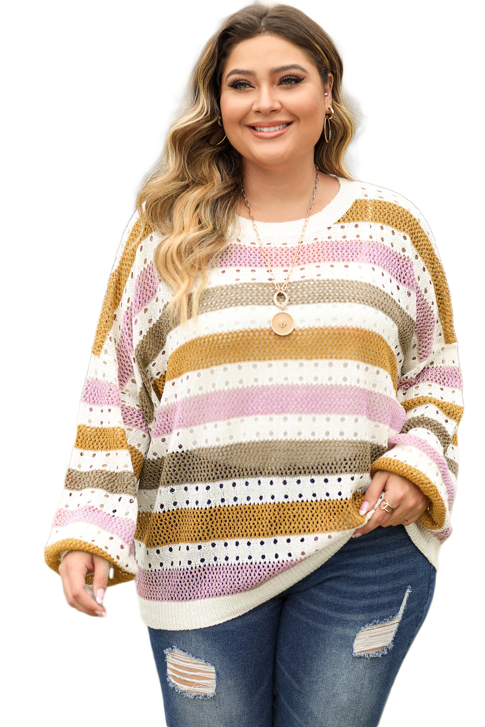 Pull ample tricoté évidé à rayures multicolores de grande taille