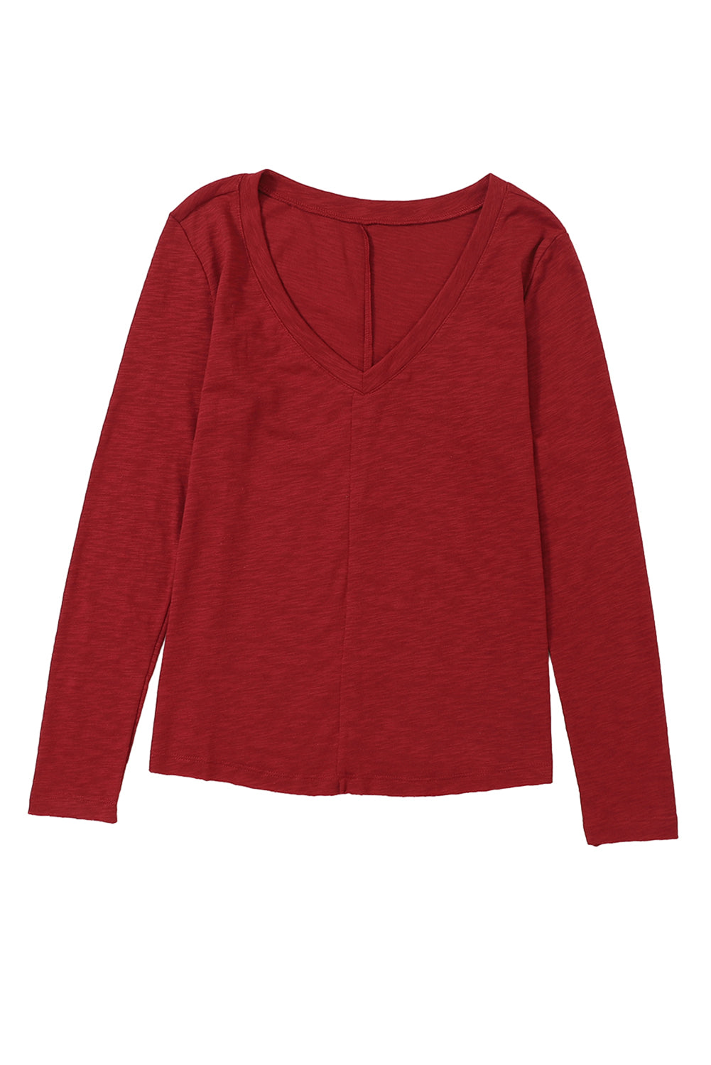 Red Sandalwood V Neck Center Seam Long Sleeve Tee