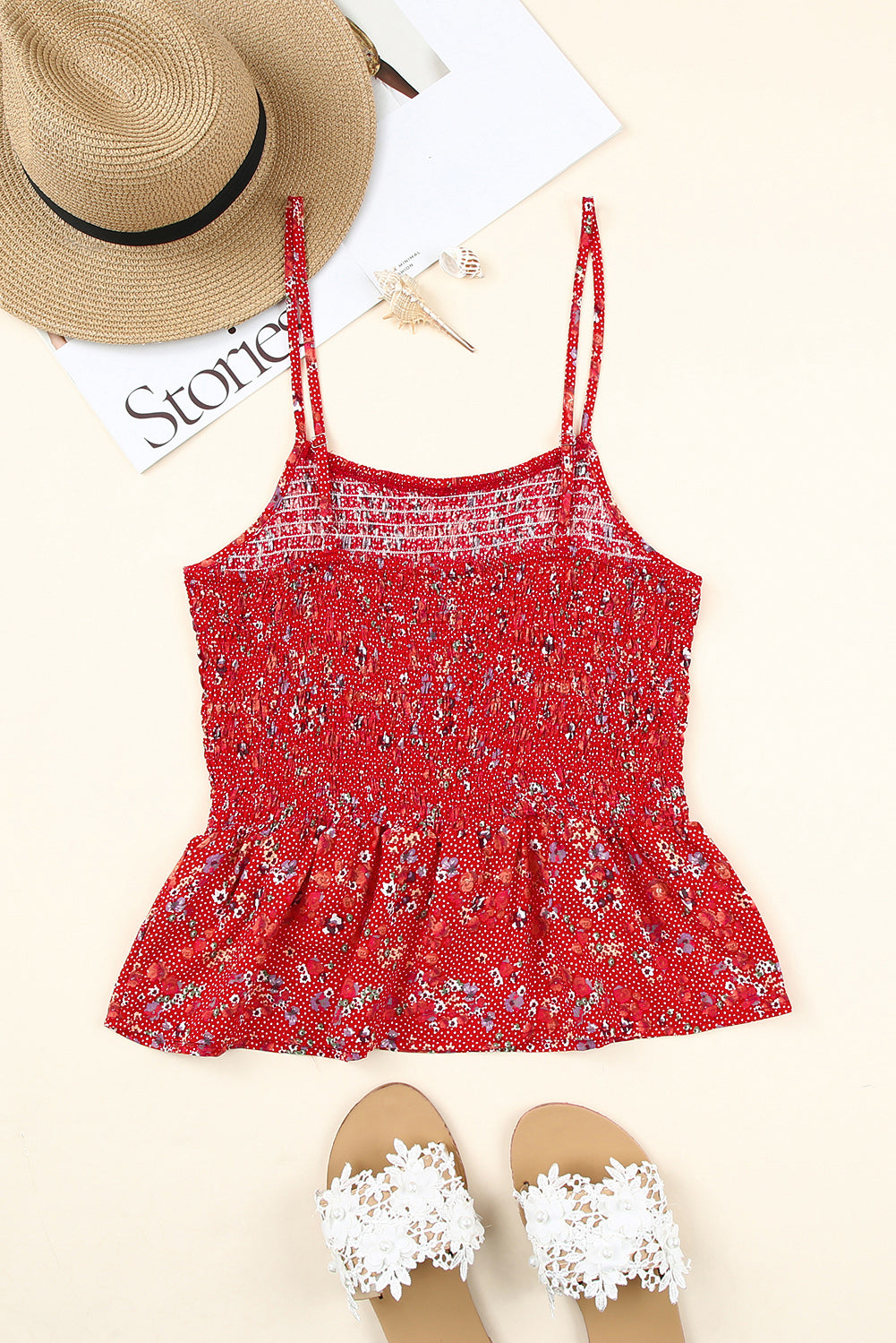 Fiery Red Floral Print Smocked Flounce Spaghetti Strap Camisole