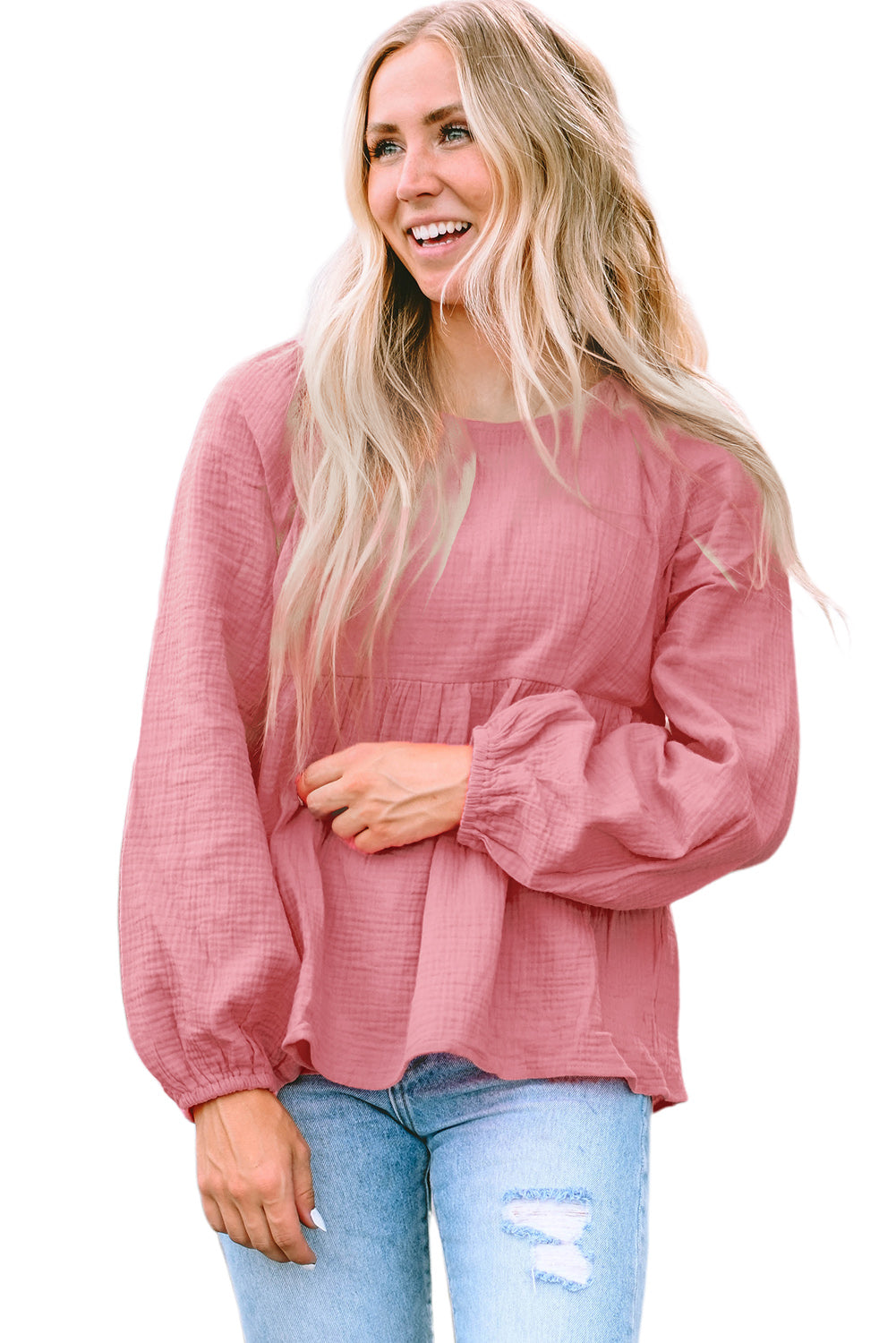Pink Bubble Sleeve Textured Flowy Blouse