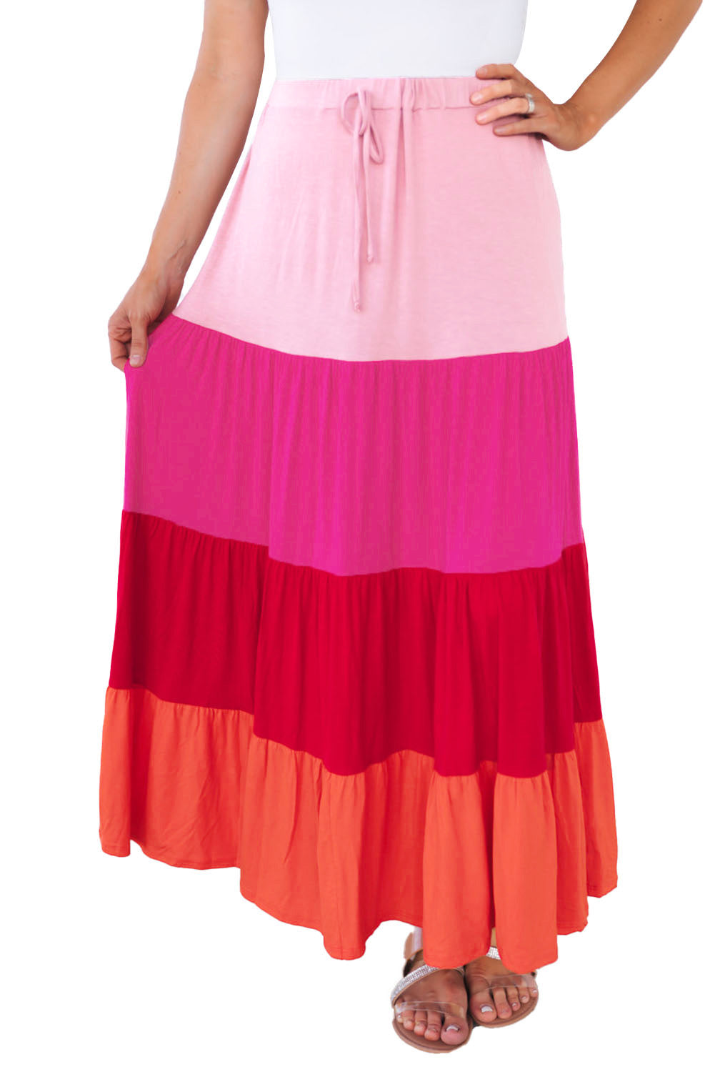 Pink Color Block Tiered Drawstring High Waist Maxi Skirt