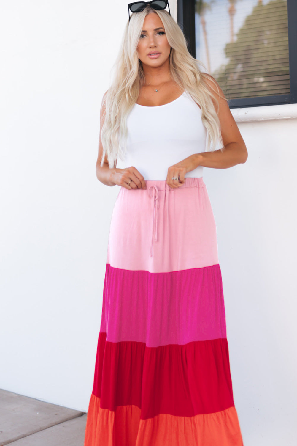 Pink Color Block Tiered Drawstring High Waist Maxi Skirt