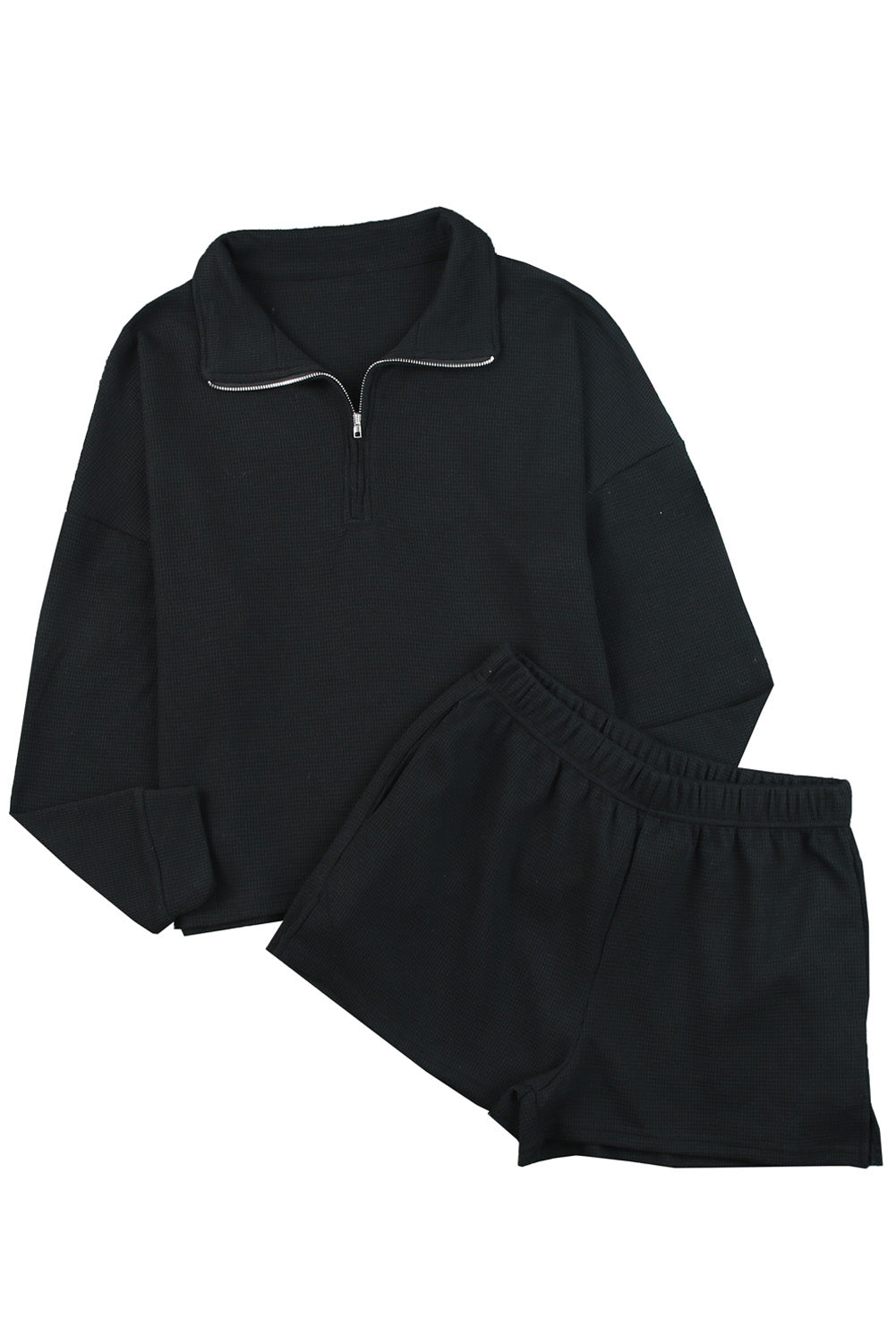 Ensemble sweat-shirt zippé côtelé noir et short taille haute