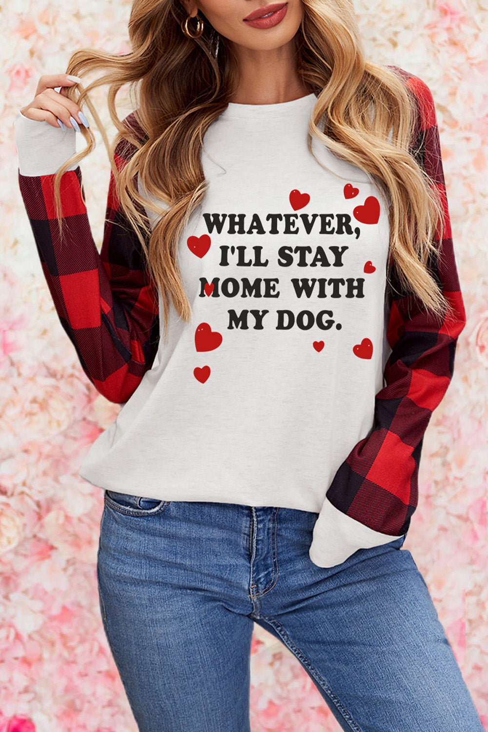 Kariertes Langarm-Sweatshirt mit Valentinsbrief-Print