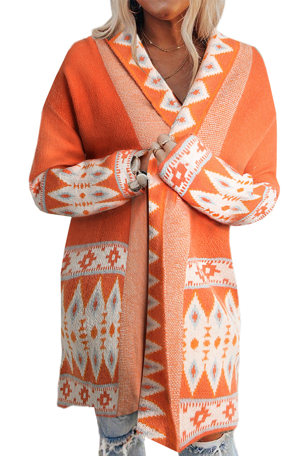 Orange bedruckter Cardigan mit offenem Vorderteil und Aztekenmuster