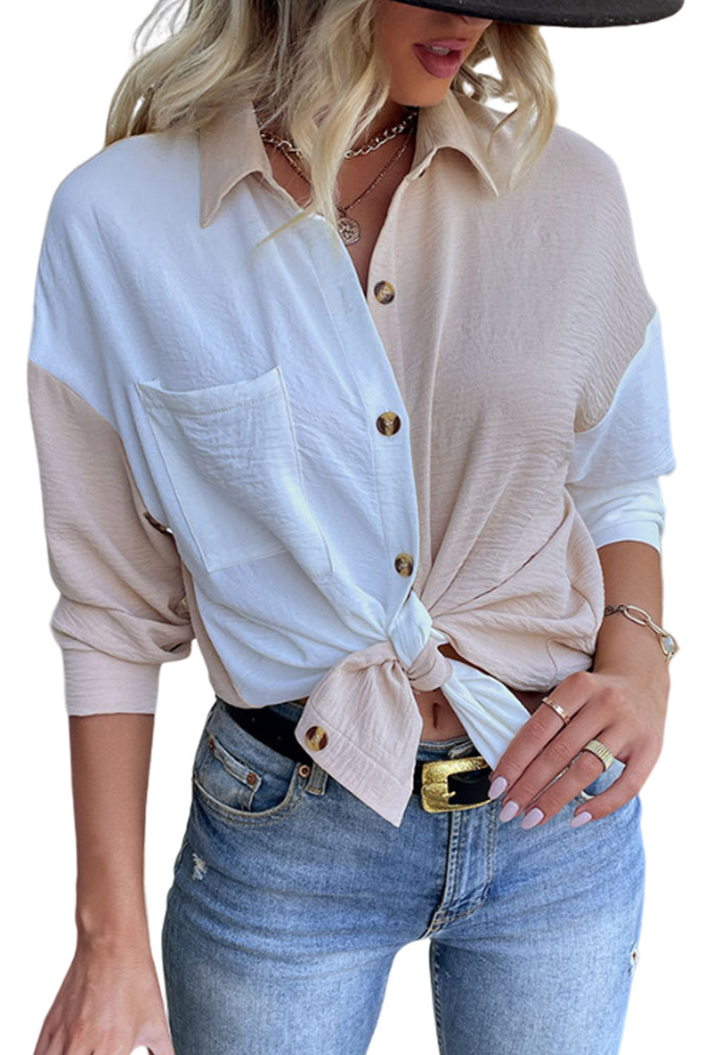 Camicia stropicciata a maniche lunghe color albicocca