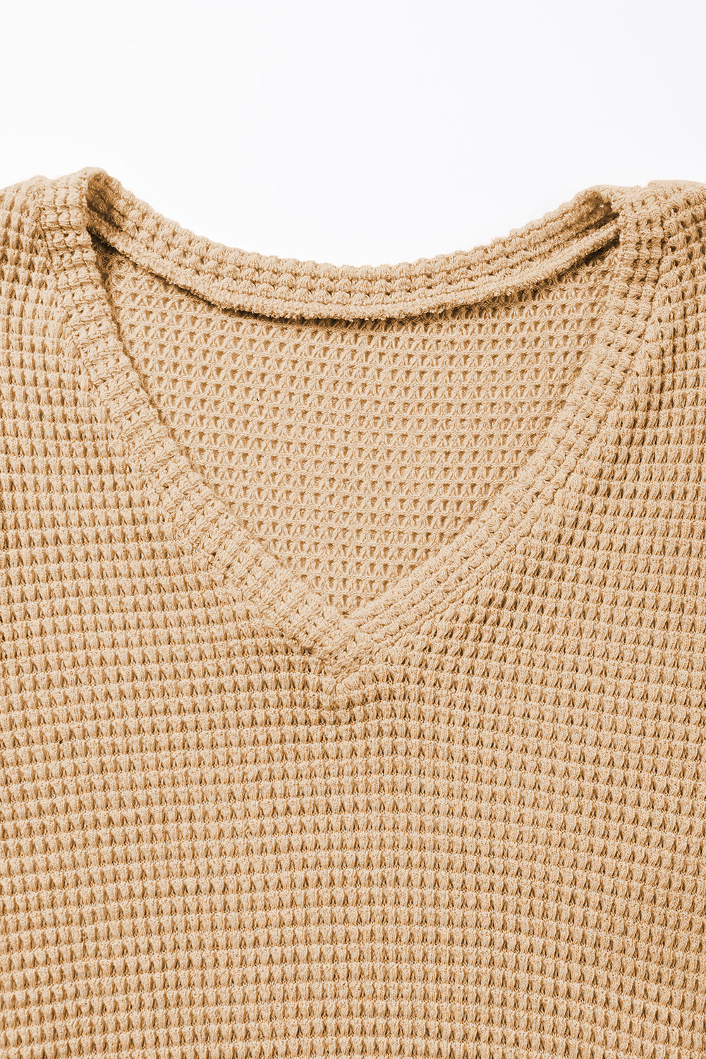 Kamelja pletena majica s vafeljskimi rokavi in ​​v-izrezom