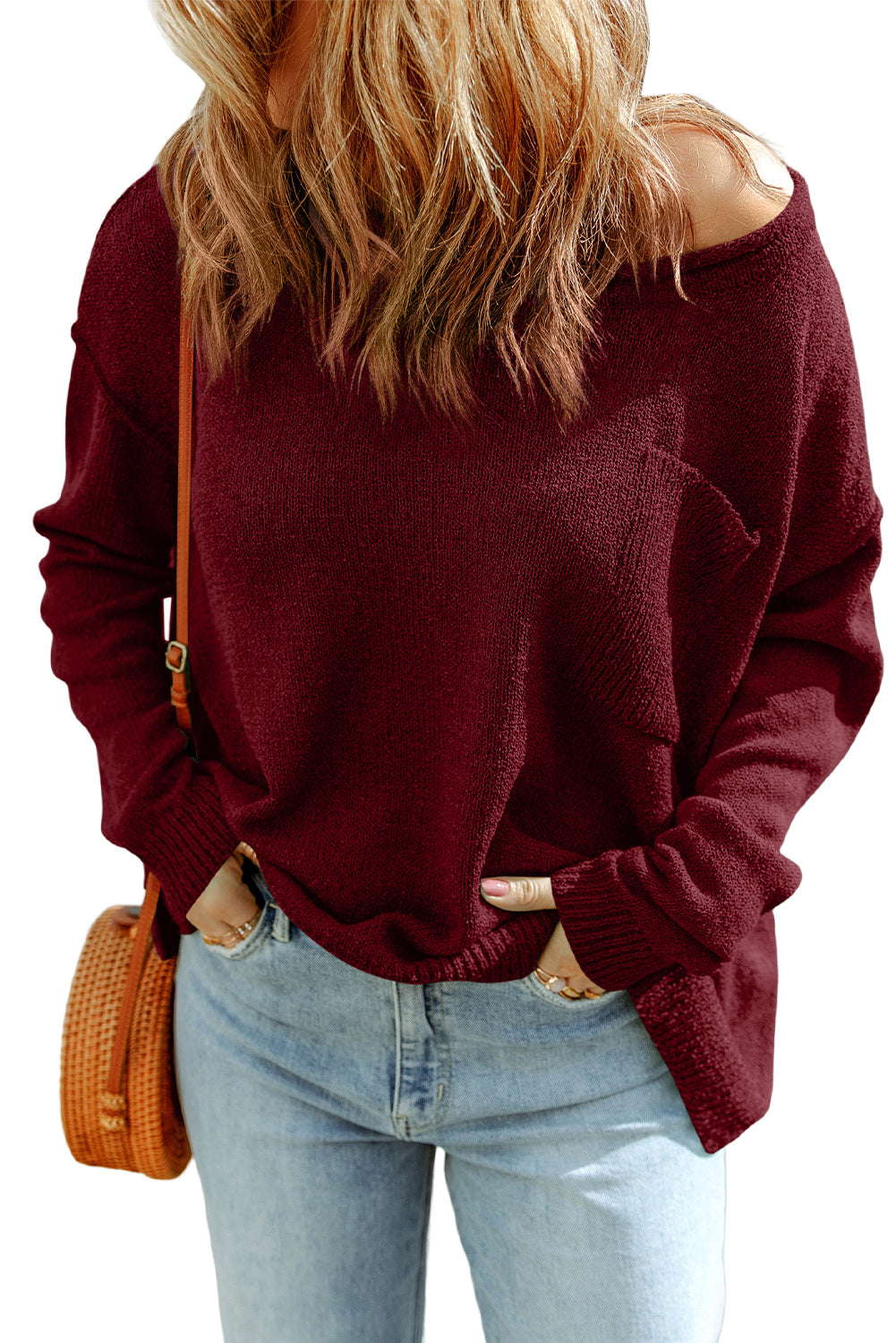 Bordo enobarvni pleteni pulover z odprtimi rameni in žepom