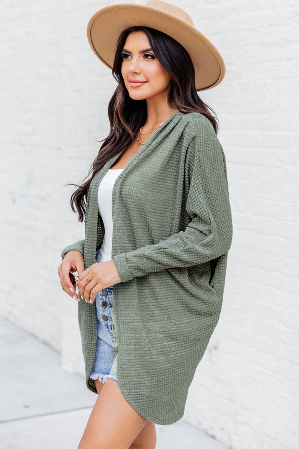 Cardigan ouvert sur le devant en tricot gaufré Laurel Green