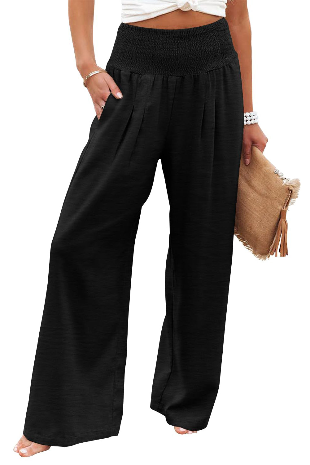 Pantalon large noir froncé taille haute grande taille