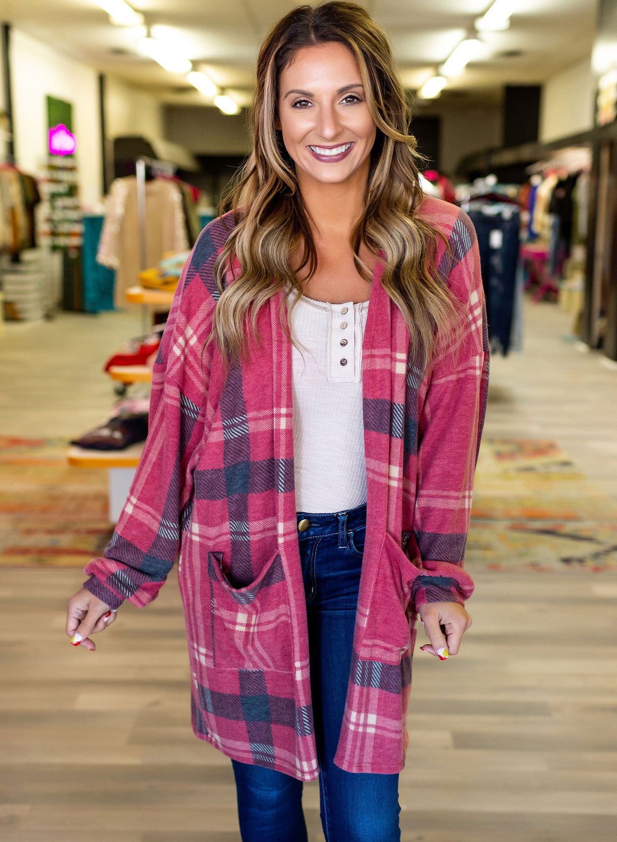 Fiery Red Plaid Casual Drop Shoulder Pocketed Cardigan