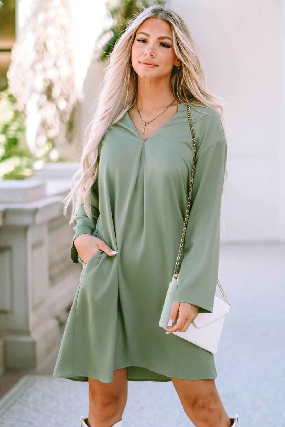 Zelena lepršava ležerna haljina s preklopnim rukavima