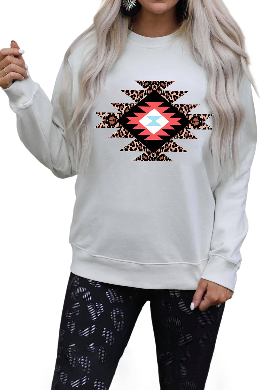 Leopard Geometric Pattern White Sweatshirt