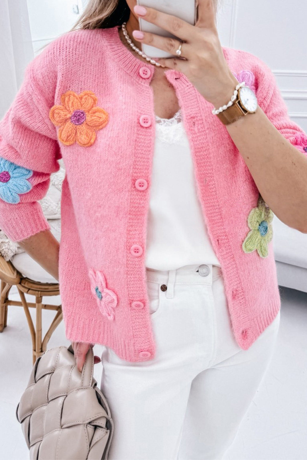 Cardigan abbottonato con motivo floreale lavorato a maglia rosa carino