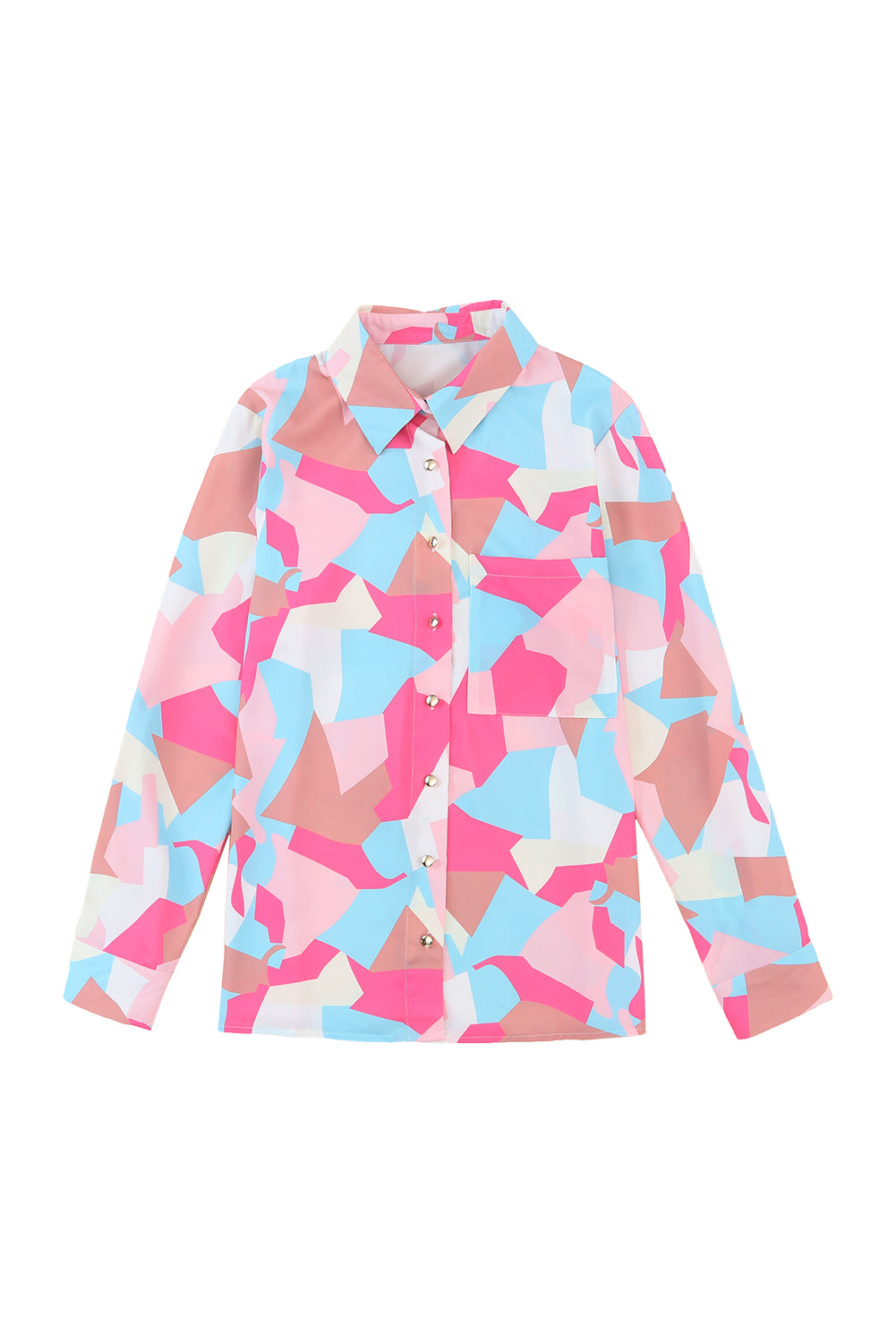 Ružičasta košulja s rolnim rukavima s otisnutim geometrijskim blokovima
