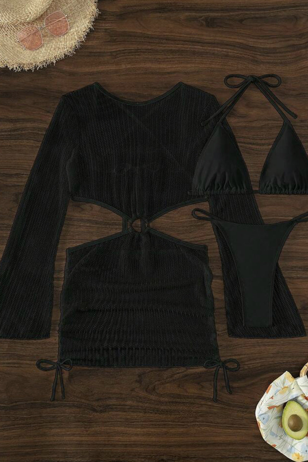 Črn 3-delni mikro bikini z O-obročem, kvačkana obleka brez hrbta