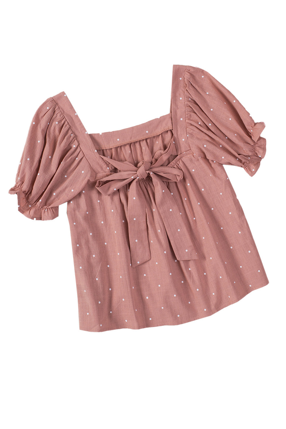 Rožnata bluza z napihnjenimi rokavi s kvadratnim ovratnikom in pikčastim potiskom na hrbtni strani