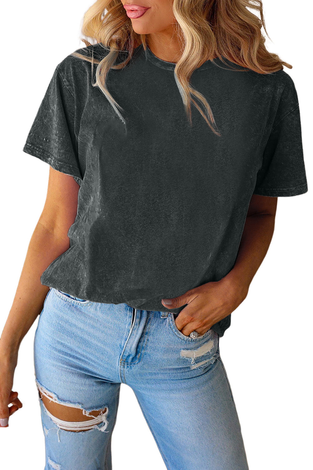Schwarzes, mineralgewaschenes, lässiges Kurzarm-T-Shirt