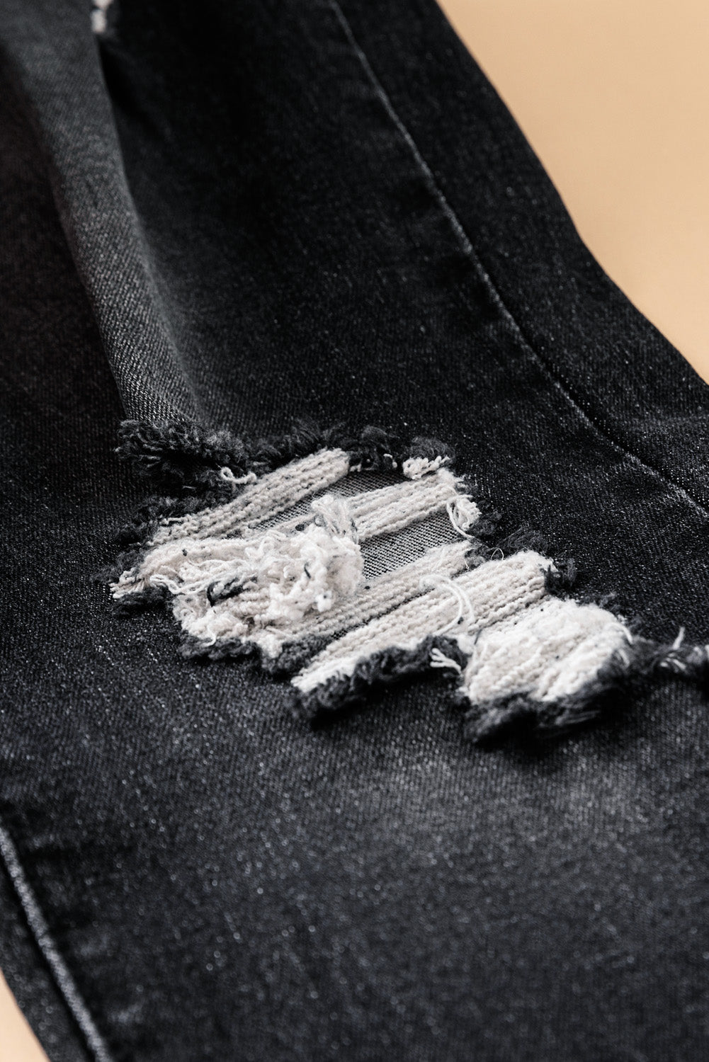 Black Distressed Raw Hem Button Mid Waist Jeans