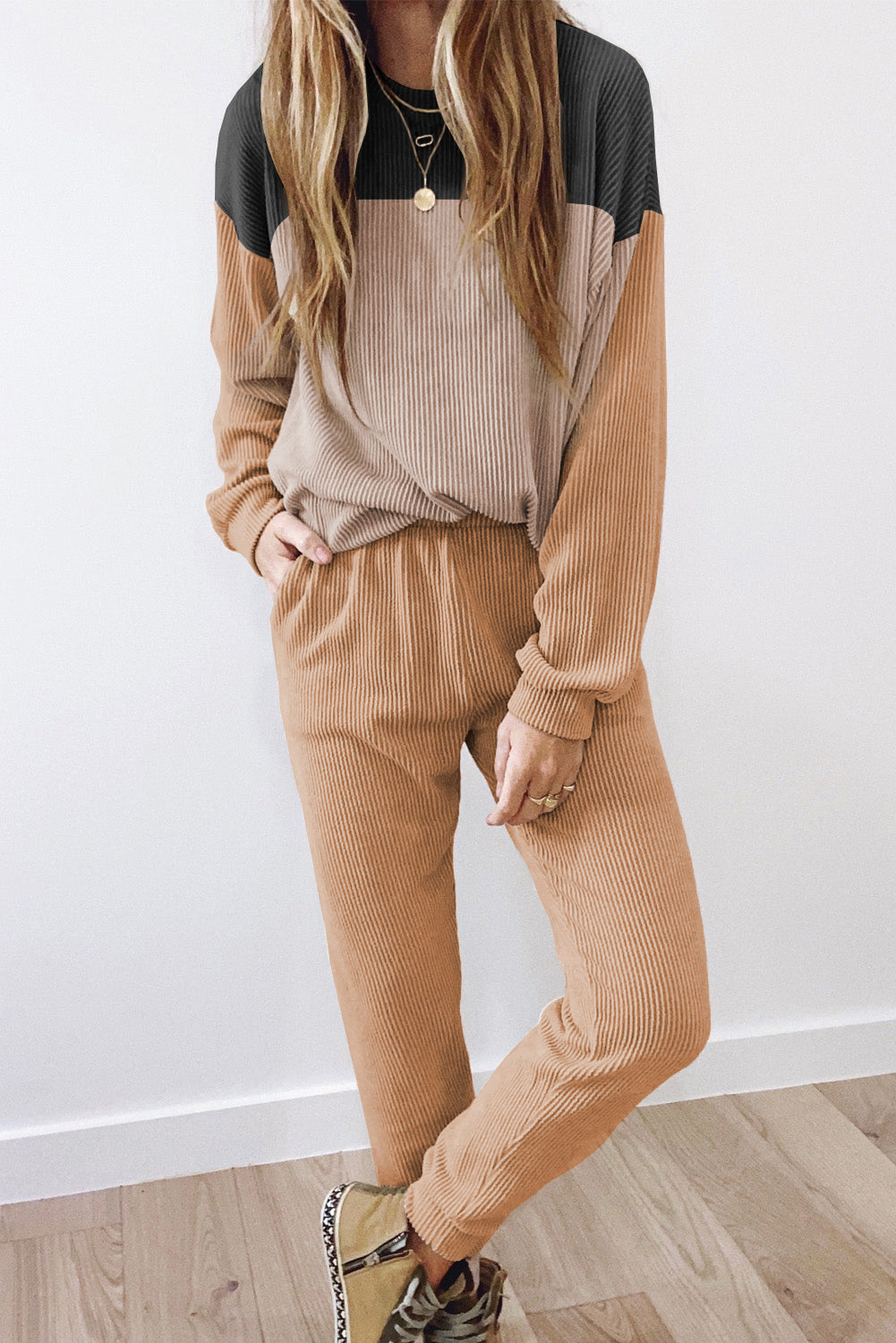 Khaki Corded 2pcs Colorblock Pullover and Pants Outfit