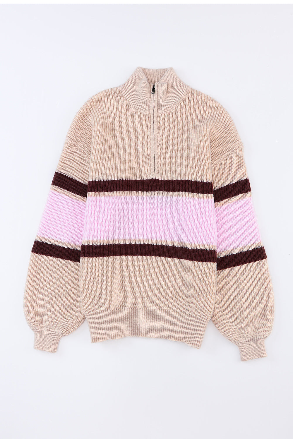 Pleten pulover z zadrgo in ovratnikom s črtami marelične barve