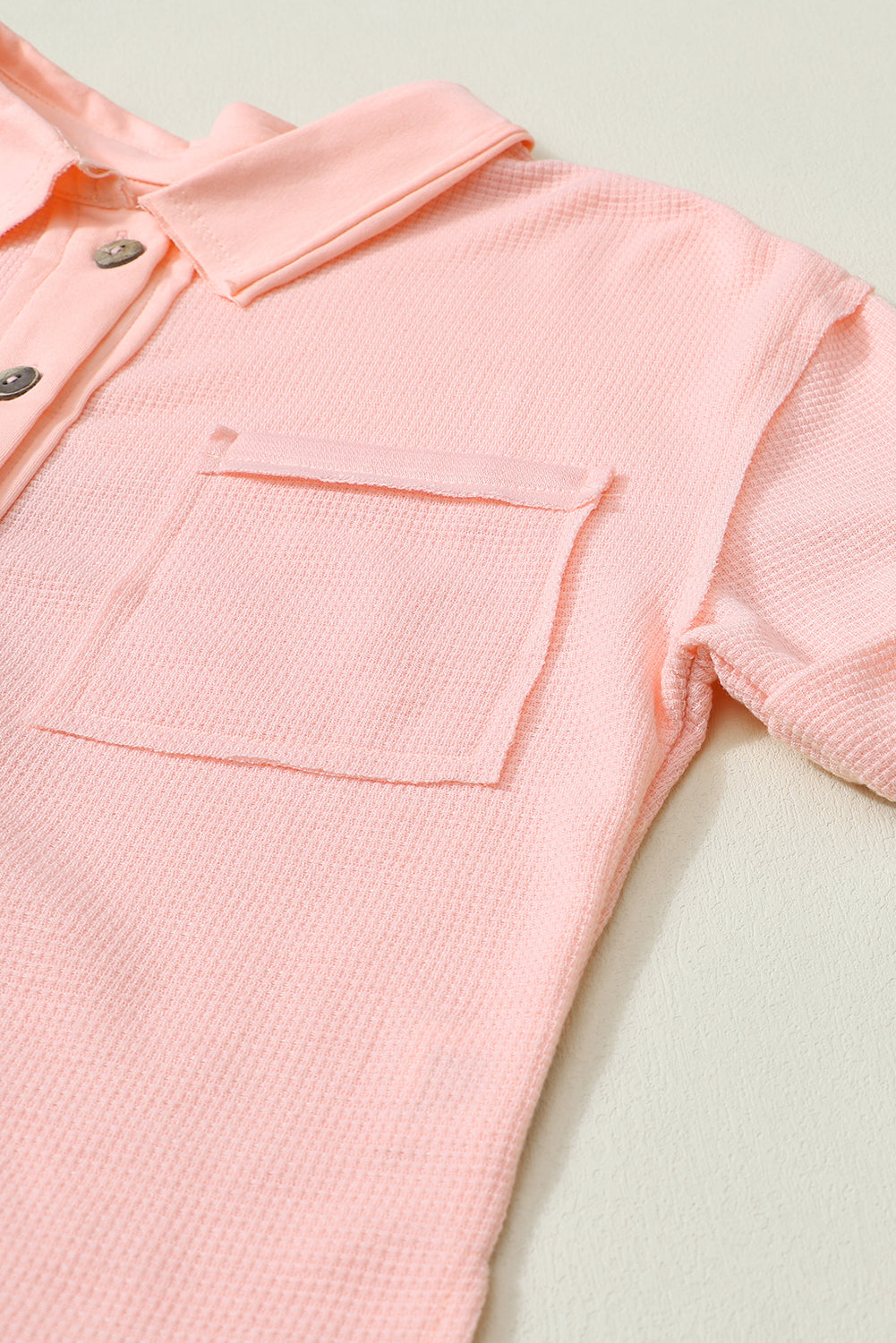 Pink Acid Wash Waffle Knit Short Sleeve Buttoned Shirt