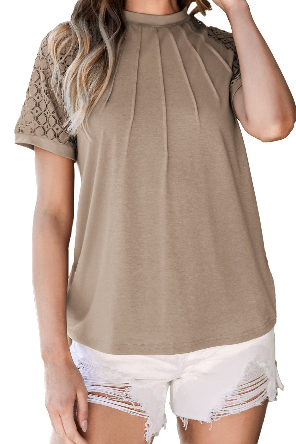 Hellkhakifarbenes T-Shirt mit kontrastierenden Spitzen und Raglanärmeln und Nahtdetails