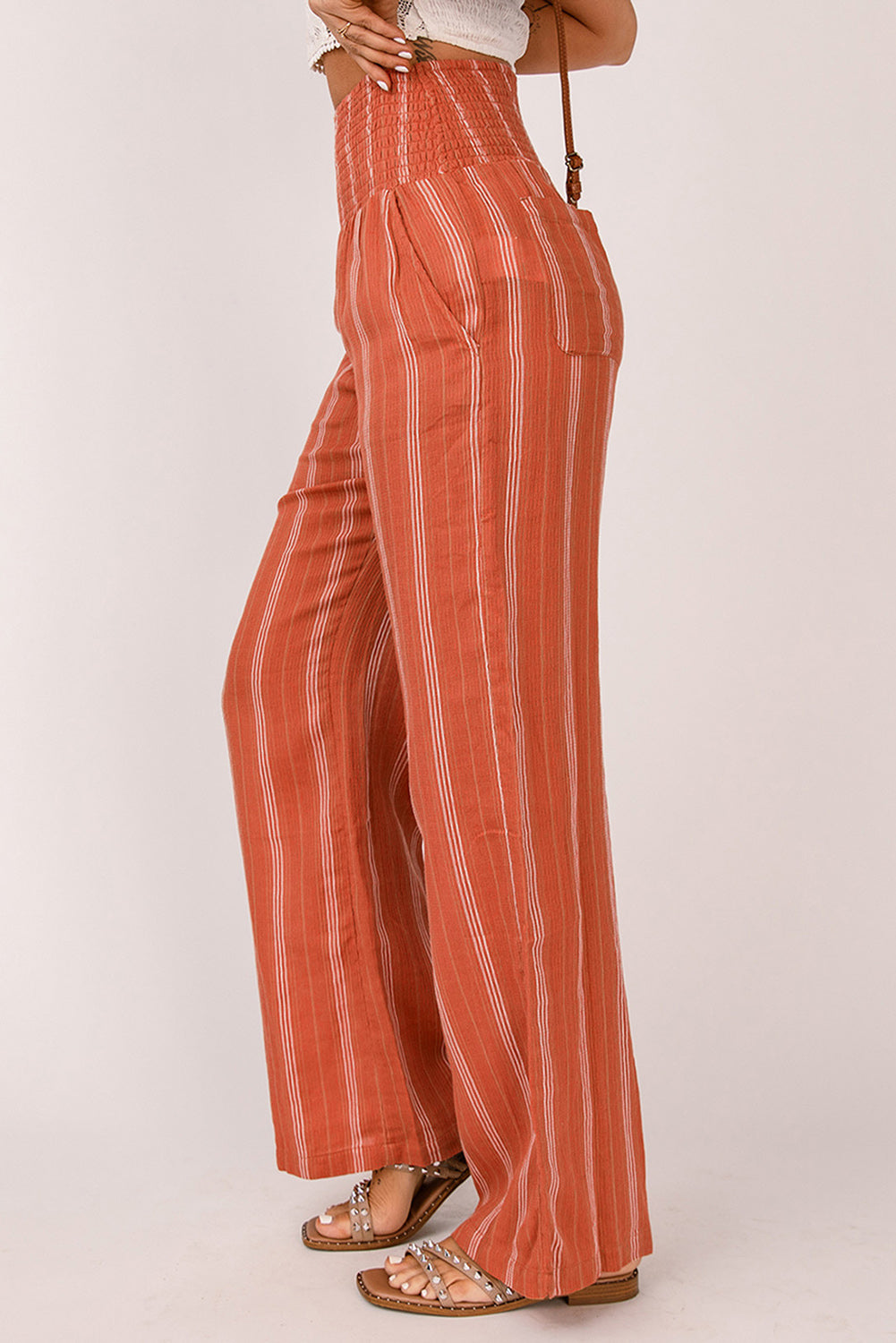 Pantalon droit froncé à rayures orange taille haute
