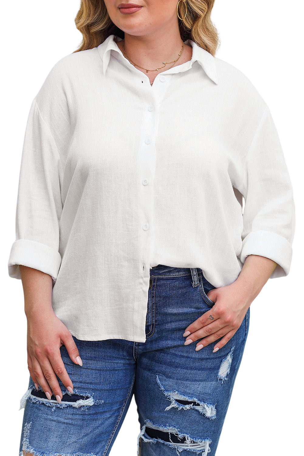 Chemise boutonnée texturée en lin blanche grande taille