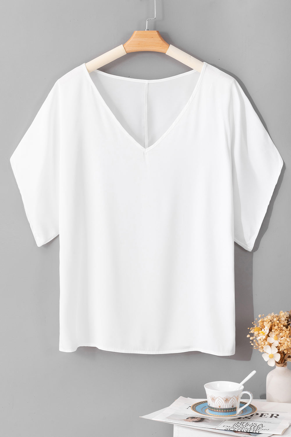 White Solid Color Satin V Neck Batwing Sleeve Blouse