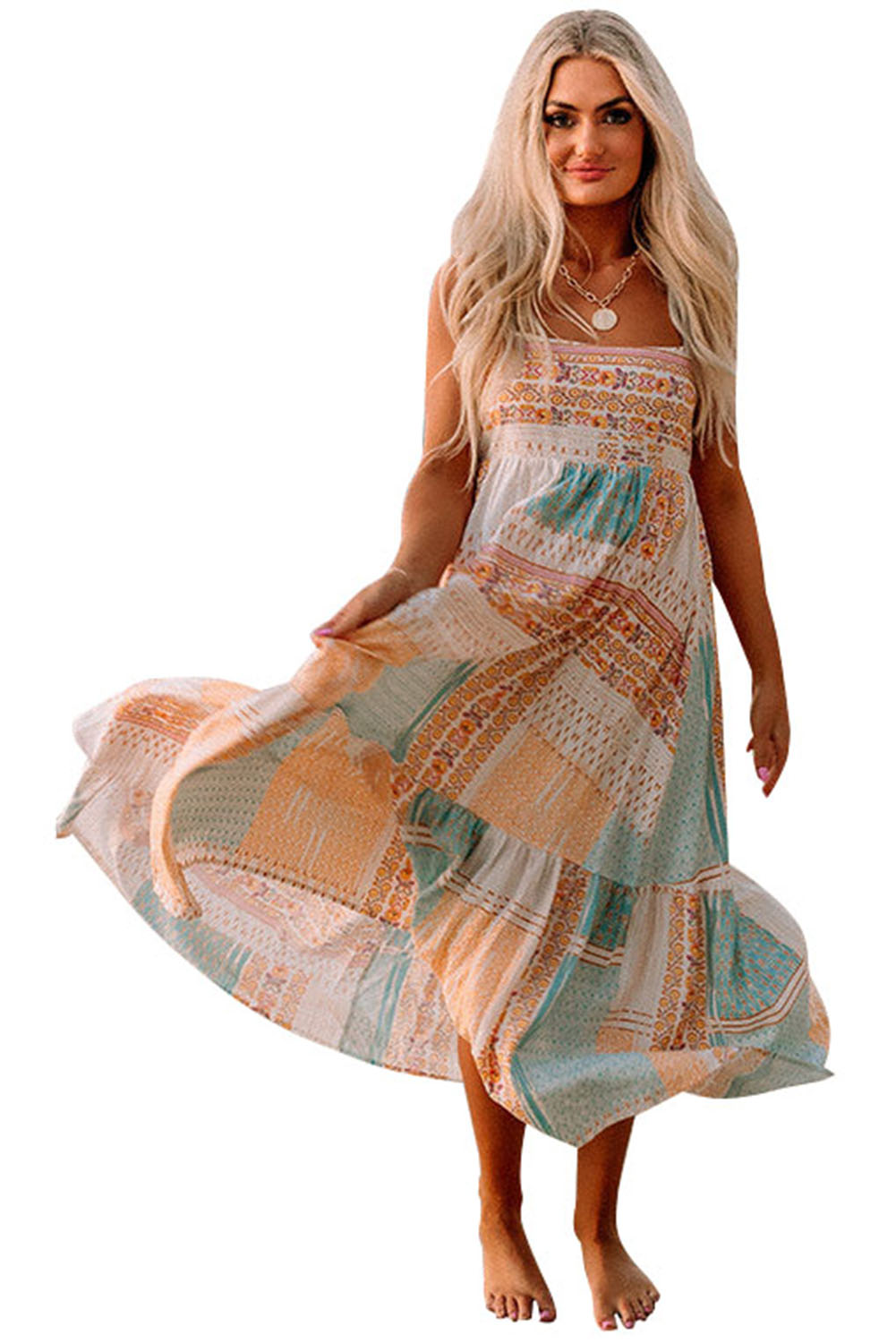 Mehrfarbiges Sommerkleid mit eckigem Ausschnitt im Boho-Patchwork-Print