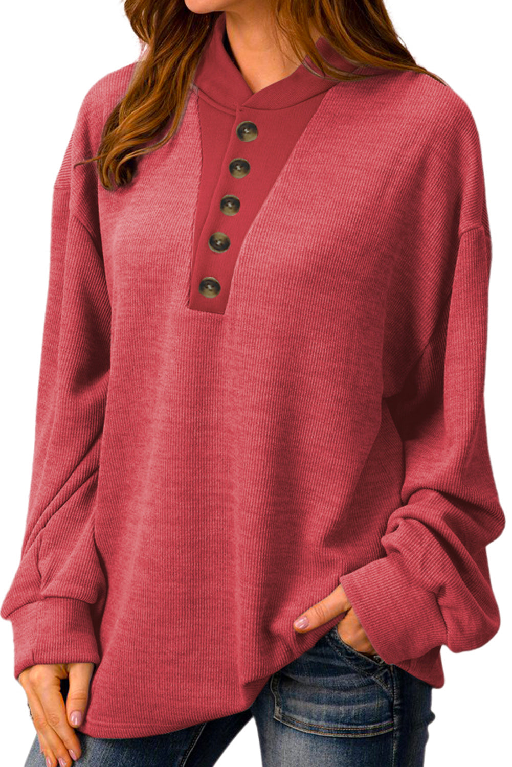 Feuriges rotes, einfarbiges Henley-Sweatshirt mit Knöpfen
