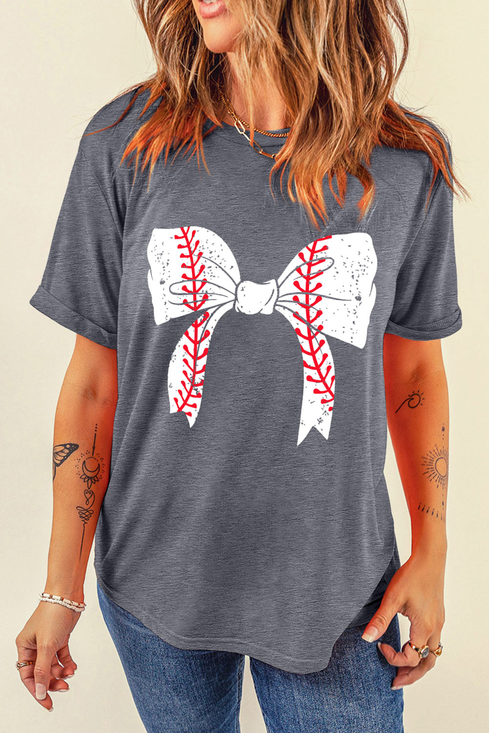 Rose Red Baseball Bowknot Graphic Casual Tee