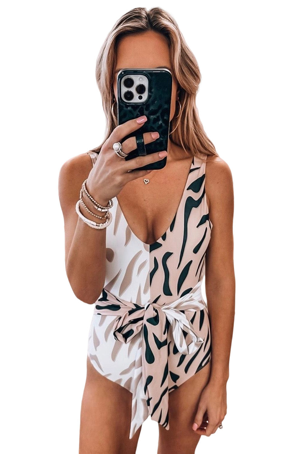 Kaki dvobojni jednodijelni kupaći kostim s printom zebre