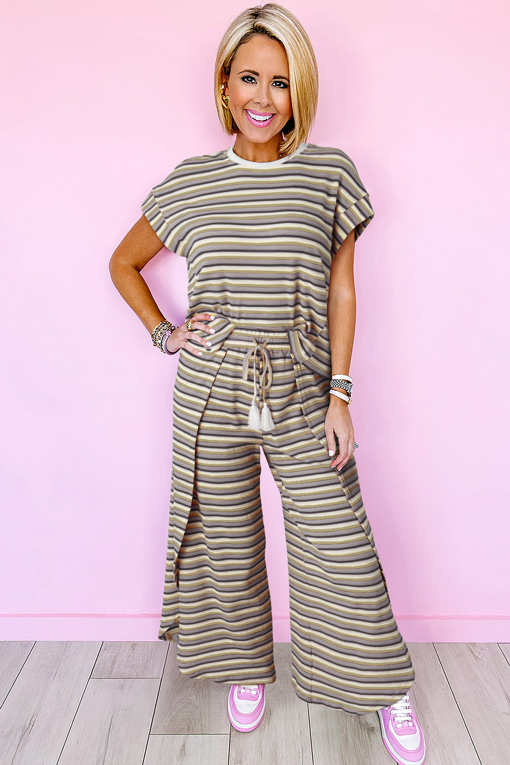 Black Stripe Rainbow Tee Tasseled String Wide Leg Pants Set