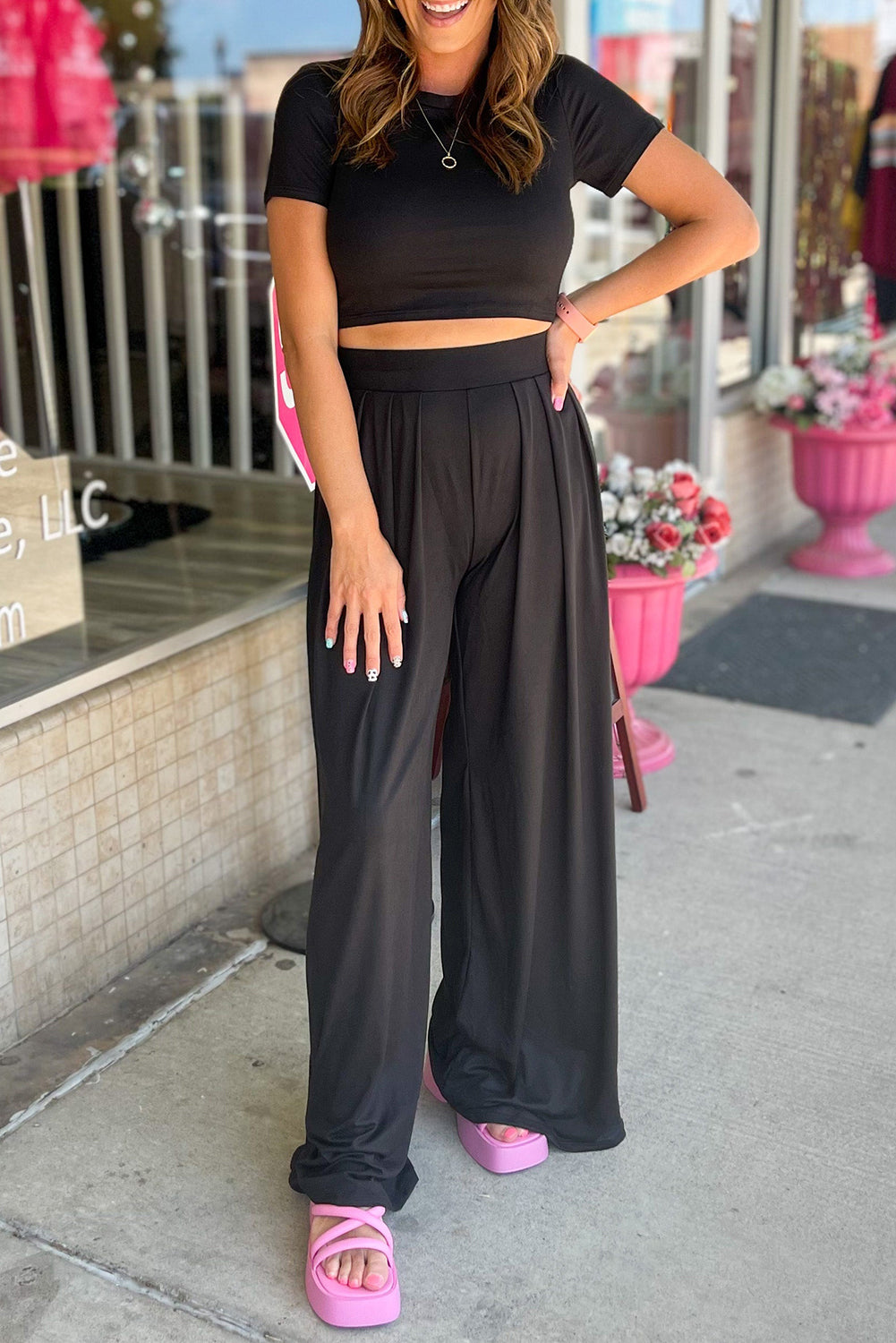 Black Slim Fit Crop Top and Pleated Wide Leg Pants Set