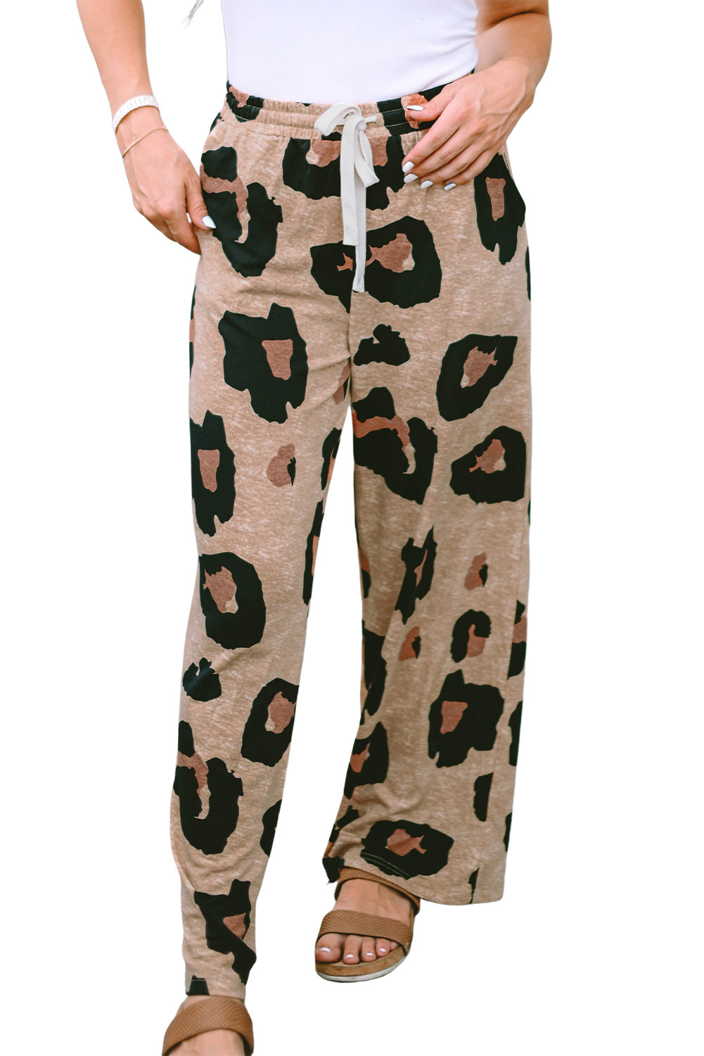 Pantalon décontracté léopard à jambe large et cordon de serrage