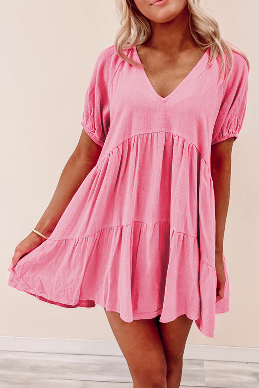 Strawberry Pink Puff Sleeve V Neck Tiered Swing Dress