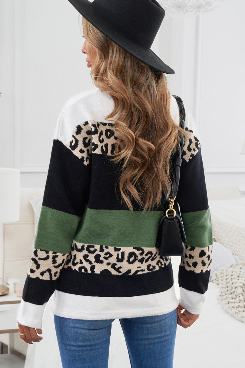 Maglione pullover in maglia color block leopardato girocollo verde